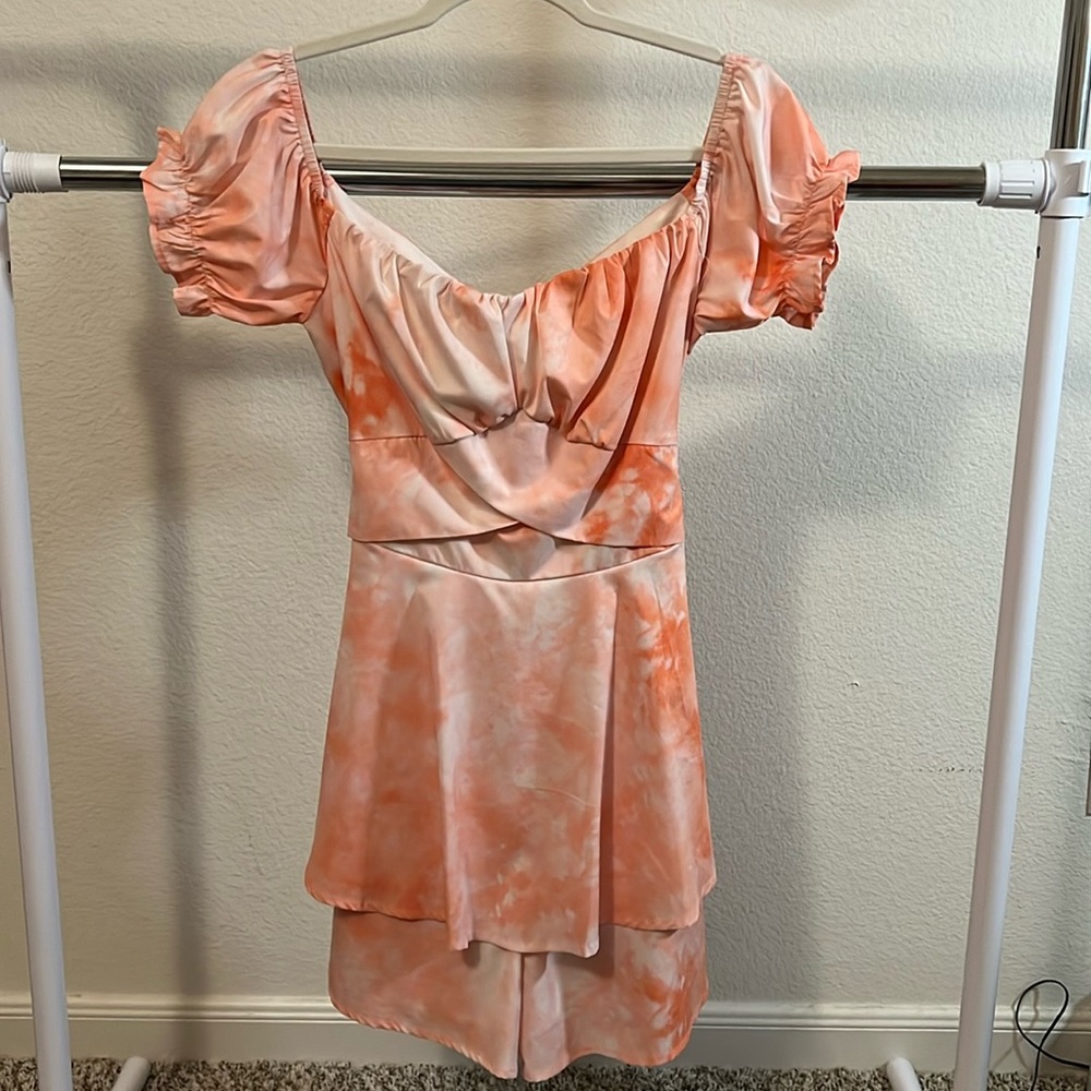 Peach Tie Dye Ruffle Romper Off Shoulder